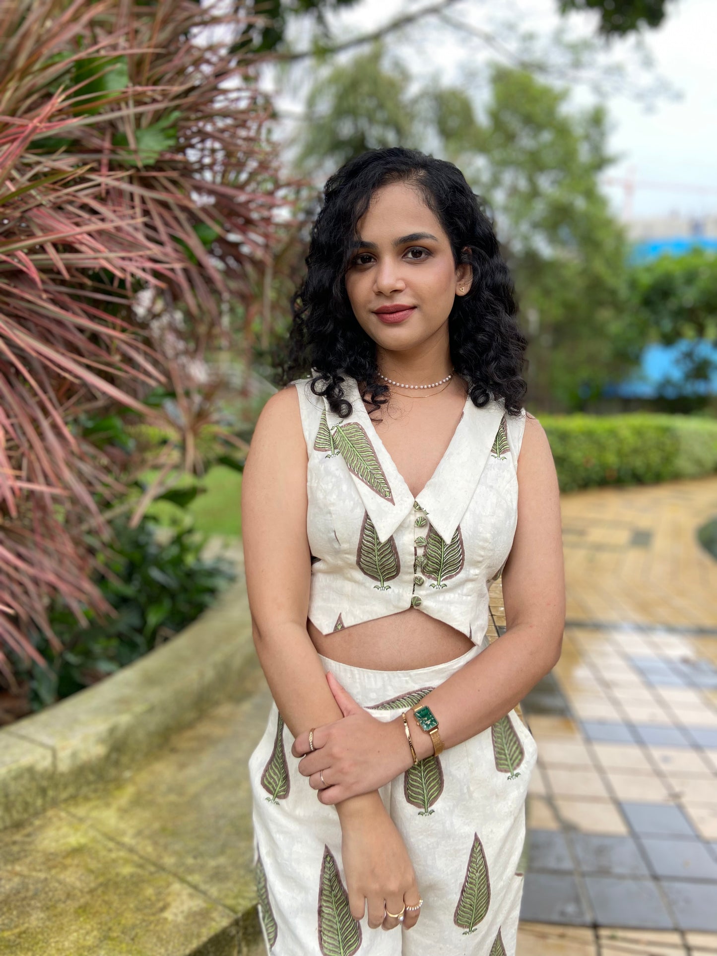 Green Blossom Collar Waist Coat Co-ord Set