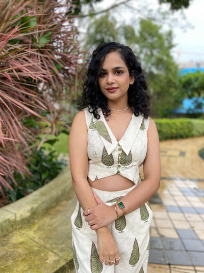 Green Blossom Collar Waist Coat Co-ord Set