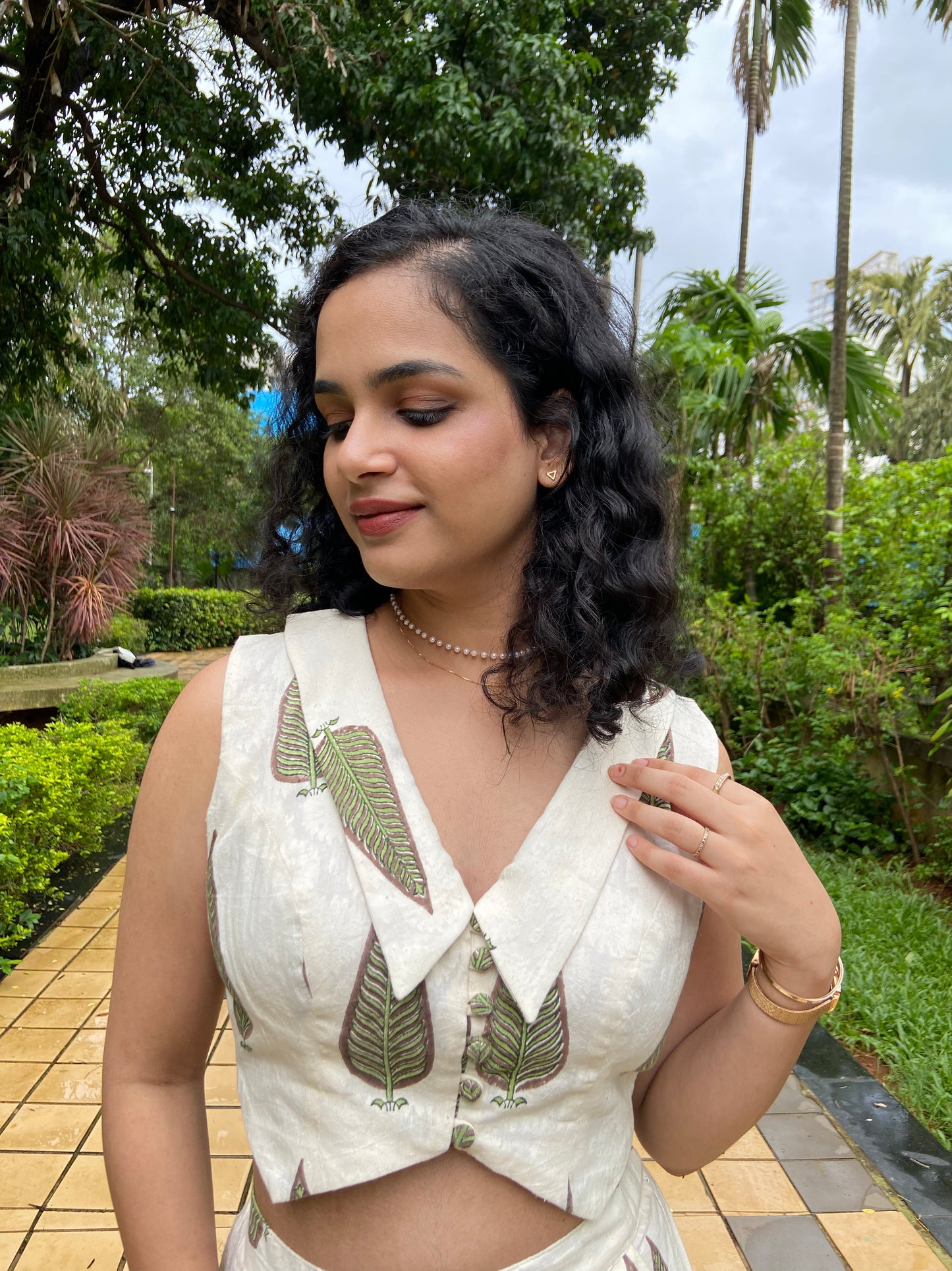 Green Blossom Collar Waist Coat Co-ord Set